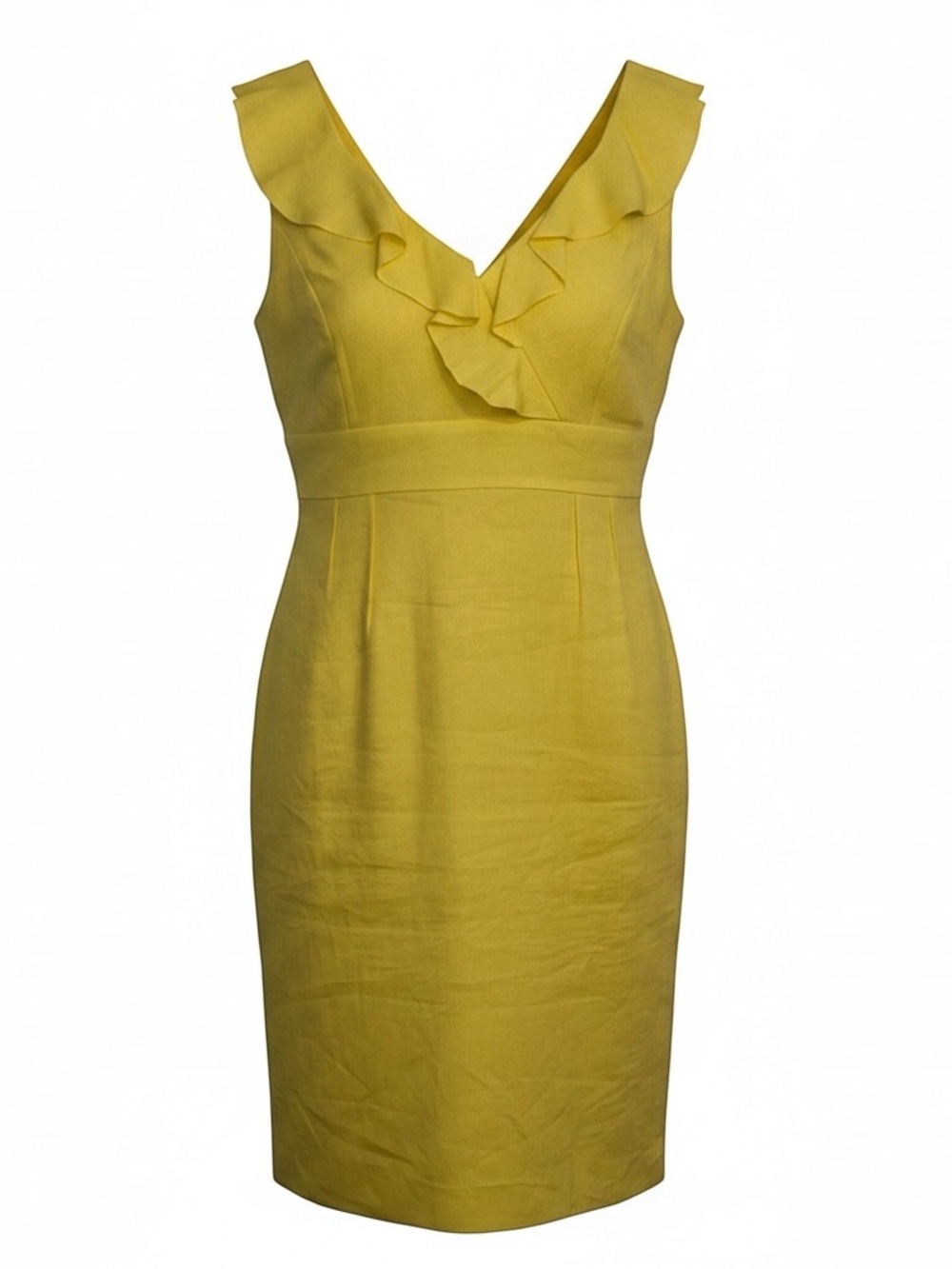 Antonio MELANI Sleeveless Yellow Ruffle V-Neck Sheath Linen Dress